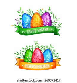 Template logo, icon, decorative element for a happy Easter. Set of colored eggs with ribbons. Happy Easter text. Vector.