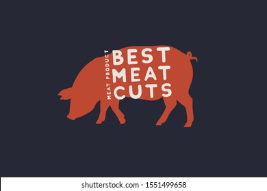 Template logo with the image of a red pig silhouette and the inscription best meat pieces. Emblem for butcher shops, markets, packaging and advertising. Vector illustration on dark background.