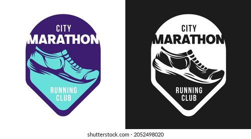 Template logo, label, emblem or badges for sport running. Set monochrome and color design elements of club, marathon event, t-shirt branding. Modern vector illustration.