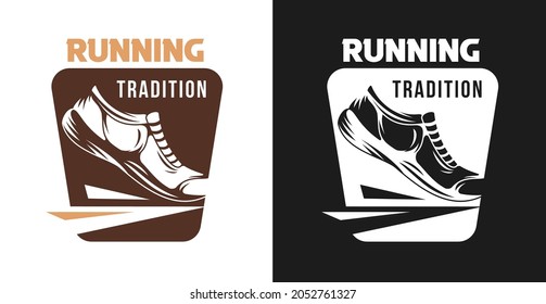 Template logo, label, emblem or badges for sport running. Set monochrome and color design elements of club, marathon event, t-shirt branding. Modern vector illustration.