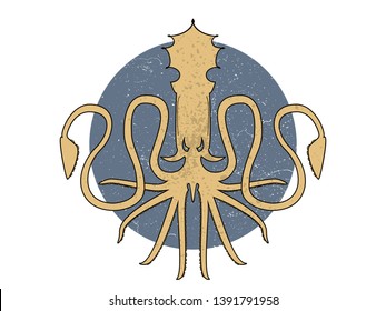 Template for logo, label and emblem with octopus silhouette. Light on a circle. 