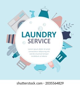 Template logo of laundry service. Various tools for washing and ironing. House cleaning. Concept of public laundry and self-service laundromat. Frame with place for text. Flat vector illustration
