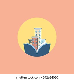 Template logo for the library or bookstore in book form with the building of the library. Library logo building book