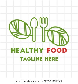 Logo de la plantilla Makanan Sehat dgaris daun warna hijau serta garpu dan sendok