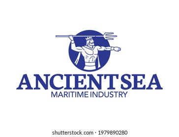 Template for a logo of a maritime company formed by the icon of Neptune with a trident, framed in a circular shape, and a typography that says: Sea Kingdom, maritime industry. 