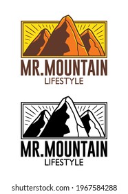 Template for a logo of an outdoor activities company, in color and black and white version, formed by the symbol of three mountains and a typography that says: Mr. Mountain, lifestyle.