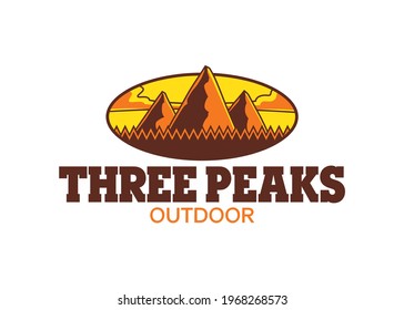Template for a logo of an outdoor activities company, formed by the symbol of three mountains and a typography that says: Three Peaks, outdoor.