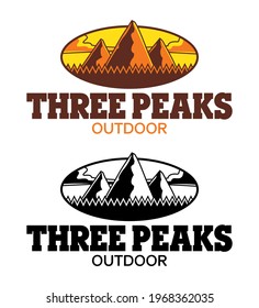 Template for a logo of an outdoor activities company, in color and black and white version, formed by the symbol of three mountains and a typography that says: Three Peaks, outdoor.