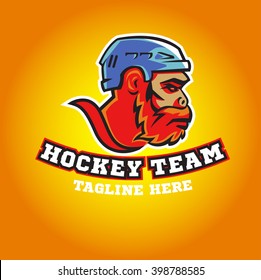 template logo with a picture of a primate for hockey team. Primate head in a hockey helmet.