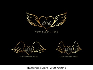 Vorlage Logo Set Love and Wings Concept. Luxuriöses Gold und elegantes Logo-Design. Editierbare Farbe