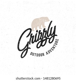 Template logo silhouette of grizzly bear isolated with vintage layout style