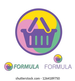 Template of logo for store which looks like circle with three  color elements and shopping basket. Looks like sign Yin and Yang. In bottom side there is logo with possible naming "Formula".