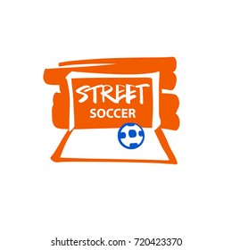 Template logo for street soccer. Ball in gate. Football goal. Vector illustration isolated on white background.
