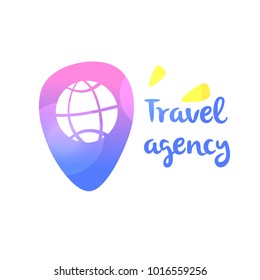 Template logo for travel agency. Point map check location in navigation. Concept near me. Geolocation pin with globe inside. 