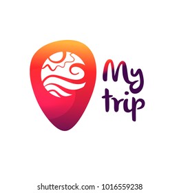 Template logo for travel agency. Text my trip.  Concept near me. Geolocation pin with badge inside. Point map check location in navigation. Vector illustration. 