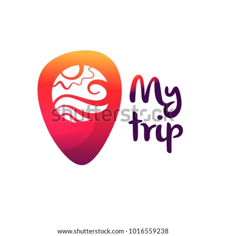 Template logo for travel agency. Text my trip.  Concept near me. Geolocation pin with badge inside. Point map check location in navigation. Vector illustration. 
