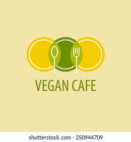 Template logo vegetarian cafe. Image of plates, spoons and forks on a yellow-green background