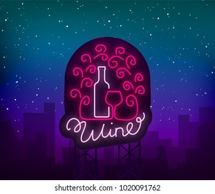 Template logo wine bar in a trendy neon style. Logo, badge glowing banner. For the menu bar, restaurant, wine house, wine label, vineyard, winery. Vector illustration
