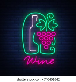 Template logo wine bar in a trendy neon style. Logo, badge glowing banner. For the menu, bar, restaurant, wine list, wine house, wine label, vineyard, winery. Vector illustration
