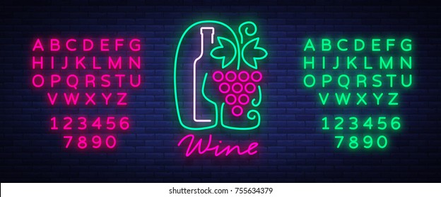 Template logo wine bar in a trendy neon style. Logo, badge glowing banner. For the menu, bar, restaurant, wine list, wine house, wine label, vineyard. Vector illustration. Editing text neon sign.