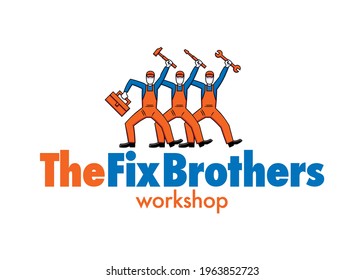 Template for a logo of a workshop formed by a vector icon of three mechanics with tools in their hands, in blue and orange color, with a text that says: The Fix Brothers workshop.