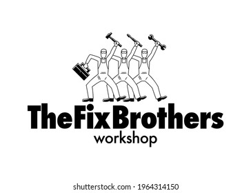 Template for a logo of a workshop formed by a vector icon of three mechanics with tools in their hands, in black and white and border lines, with a text that says: The Fix Brothers workshop.