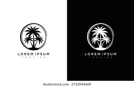 Logotipos de modelo com palmeiras e desenhos circulares em cores contrastantes em fundos brancos e pretos