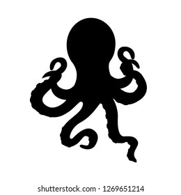 Template for logos, labels and emblems with black silhouette of octopus. Vector illustration.
