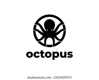 Template for logos, labels and emblems with black silhouette of octopus. Vector illustration.