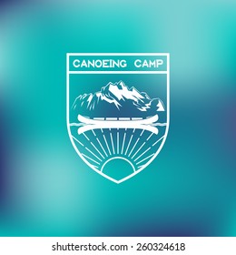 Template for logos, labels and emblems with canoe, mountains and sunbeams. Vector illustration.