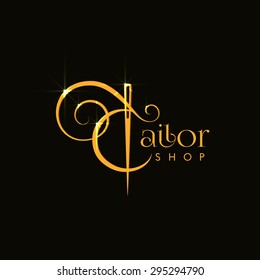 Template for logos, labels, emblems with gold thread and needle. Vector illustration.