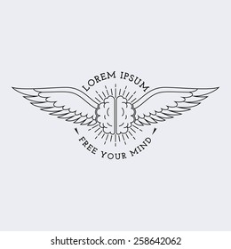 Template for logos, labels and emblems in outline style with brain and wings. Vector illustration.