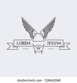 Template for logos, labels and emblems in outline style with viking and winged helmet. Vector illustration.