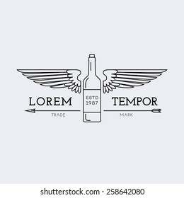 Template for logos, labels and emblems in outline style with bottle, wings and arrow. Vector illustration.