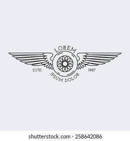 Template for logos, labels and emblems in outline style with wheel and wings. Vector illustration.