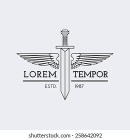 Template for logos, labels and emblems in outline style with wings and sword. Vector illustration.