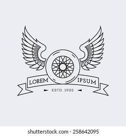 Template for logos, labels and emblems in outline style with wheel, wings and ribbon. Vector illustration.