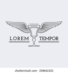 Template for logos, labels and emblems in outline style with wings and wineglass. Vector illustration.
