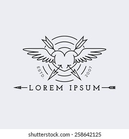 Template for logos, labels and emblems in outline style with heart, wings and arrows. Vector illustration.