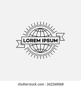 Template for logos, labels and emblems in outline style with globe, ribbon and rays. Black and white. Vector illustration.