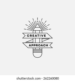 Template for logos, labels and emblems in outline style with pencil and ribbon. Black and white. Vector illustration.