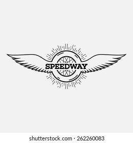 Template for logos, labels and emblems in outline style with wheel, wings and rays. Black and white. Vector illustration.