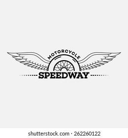 Template for logos, labels and emblems in outline style with half wheel and wings. Black and white. Vector illustration.