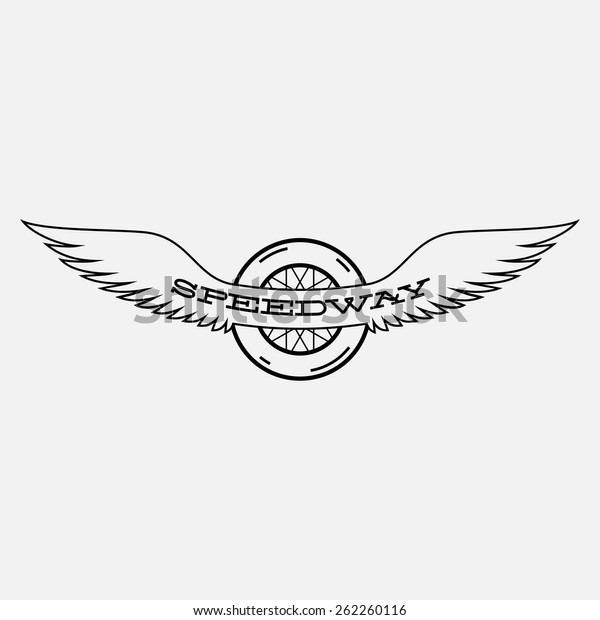 Template for\
logos, labels and emblems in outline style with wheel and two\
wings. Black and white. Vector\
illustration.
