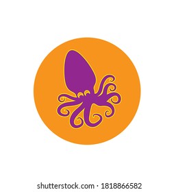 Template for logos, labels and emblems with purple silhouette of octopus, isolated on circle. Squid vector illustration. Sea food symbol
