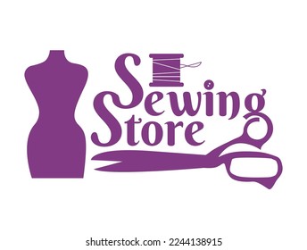 Template for logos, labels, emblems with thread and needles. Sewing store. Vector illustration.