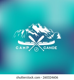 Template For Logos, Labels And Emblems With Two Paddles, Canoe, Mountains And Compass. Vector Illustration.