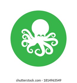 Template for logos, labels and emblems with white silhouette of octopus in green circle. Vector illustration. Monster sea icon symbol.