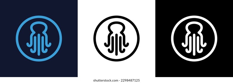 Template for logos, labels and emblems with white or black silhouette of octopus. Vector illustration.