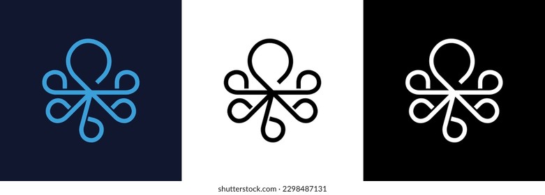 Template for logos, labels and emblems with white or black silhouette of octopus. Vector illustration.
